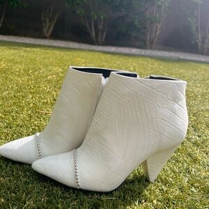 White Leather Pointed-Toe Ankle Booties with High Heel